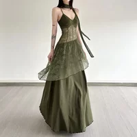 Lace Patchwork Women Camis Dress French Elegant Hepburn Style Splicing Midi Dress Y2K Streetwear Hot Girls Vacation Vestidos