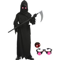 Halloween Cosplay Costume Grim Reaper Scary Skeleton Costume Children Glowing Red Eyes Grim Reaper Ghost Robe Send Scythe Props