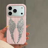Luxury Diamond Pattern Angel Wings IMD TPU Phone Case For iPhone 17 Pro Max 16 15 Shockproof Pink Stripes Back Cover Shell