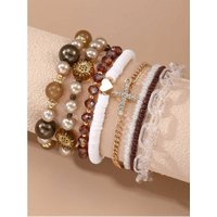 8pcs Womenโs Elegant Faux Pearl Beaded Bracelet Set โ Multicolor, Fashionable for Fall/Winter.