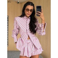 Oymimi Fashion Pink Print Woman 2 Piece Set Outfit Elegant Lapel Long Sleeve Button Shirts And Drawstring Pockets Shorts Sets