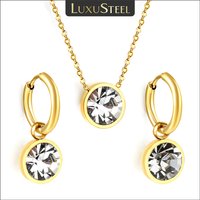 LUXUSTEEL Round White Colorful Crystal Stone Drop Hoop Earrings Necklace Women Stainless Steel Purple Green Blue Zirconia Sets