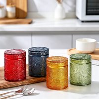 Vintage Colored Glass Storage Jar Embossed Glass Storage Jar Sealed Candy Biscuit Tea Container Kitchen Tableware Organization