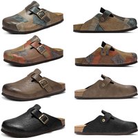 Patchwork Leather Comfort Clogs Unisex Cork Footbed Slippers Backless Sandals with Adjustable Buckle Closed Toe Slip-on Slides