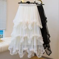 High Waist Midi Skirt with Lace Hemline for Women Summer New Style Fairy Tale Mesh Skirt Casual Polyester Cake Style Skirt