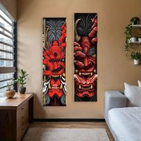 Japanese Tengu Red Demon Mask Vertical Tapestry Mysterious Oni Mask Printed Wall Art Tapestry Wall Hanging for Home Room Decor