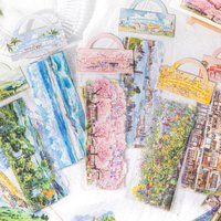 PET Sticker Bag Romantic Cherry Blossom City Street Scenery Long Strip Sticker Handmade Tent Landscape Collage DIY Decoration