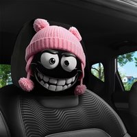 2Pcs Cute Black Coal Ball Car Headrest Covers, Pink Pom Pom Earflap Beanie & Grinning Design, 2D Printed Elastic Universal Fit
