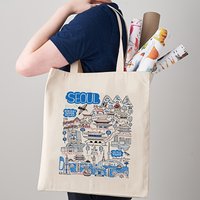 Seoul Korea Themed Canvas Tote Bag, Seoul Souvenir Gift, Seoul City Shoulder Bag For Traveler,Trendy Folding Shoulder Bag
