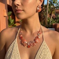 Statement Rose Gold Ocean Jewelry Set Women Chunky Coral Starfish Shell Pearl Crystal Necklace Bracelet Sunset Resort