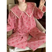 Women's Pajamas with Plaid Front-Opening Bib Collar Long Sleeve Girls Pajama Set Women Four-Season Casual Home Wear Strolling
