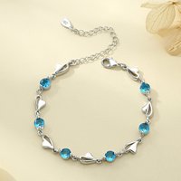 925 Sterling Silver Blue Rhinestone Geometric Bracelet for Women Elegant Heart Shaped Pendant Bangle Trendy Daily Wear Jewelry