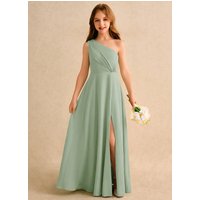 A Line Chiffon Dresses Flower Girl Dresses One Shouder Slit Pleat Elegant Wedding Party Formal Prom Evening Lace Up Back