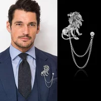 Korean Fashion Crystal Lion Brooch Animal Tassel Chain Lapel Pins British Style Men's Shirt Collar Badge Clothing Accessories