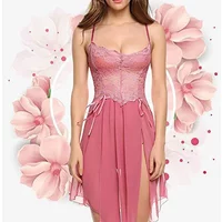Women's Lace Trim Cami Nightdress - Sexy Side Slit & Mesh Panel, Perfect for Loungewear & Intimate Nights