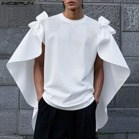 INCERUN Men T Shirt Solid Color O-neck Short Sleeve Bow Casual Male Tee Tops Korean Style Loose Fashion Men Clothing Streetwear