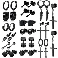 Black Punk Stainless Steel Women Men Hoop Earrings Small Trendy Round Cross Pendants Jewelry Accessories Earrings