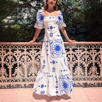 Fashion Square Collar Printed Long Dress Women Elegant Casual Short Puff Sleeved Dresses 2024 Summer Chic Female Vacation Robes