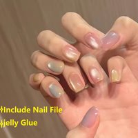 24Pcs Rainbow Color Glow Cat Eye Press on False Nails with Glue Glitter Short Square Nails Sweet Cool Gradient Summer Fake Nails