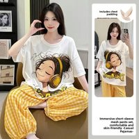 Pure Cotton Sleepwear Women's Short Sleeve Long Pants with Chest Pad Integrated Summer 2025 New Home Clothes Set plus Size Ou...