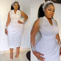 Short Beach Garden Wedding Dresses illusion Long Sleeve Customsized Pearls Applique African Tea-length Bride Gown Outfit