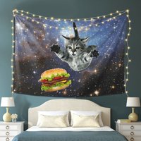 VIKAMA Space Cat Burger Tapestry Funny Trippy Space Cat Wall Hanging for Bedroom Dorm Gaming Room Decor
