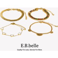 E.B.belle Double Sided Shell Heart Snake Chain Three Layer Bead Half Sunflower 316L Stainless Steel 18K Gold Plated Bracelet