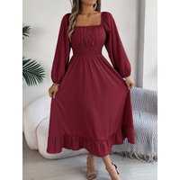 Spring Summer Elegant High Waist Square Neck Long Sleeve Ruffled Edge Long Dresses for Bridesmaids Red Blue Khaki Women Dresses