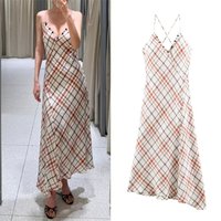 Women's Dress 2026 Summer New Plaid Strap Sexy V-Neck Long Dress Beach Vacation Casual Fashion Relaxed and Lazy