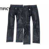 High Street Black Glue Wax Pants Women's Slim Fit Straight Leg Cat Whisker Jeans Streetwear Casual Denim Pants Men Clothing
