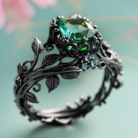 Temperament Retro Green Crystal Hollowed-out Totem Vine Leaves Rings Women's Creative Charm Stainless Steel Finger Jewelry Gift