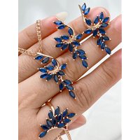 Kinel Full Blue Natural Zircon Leaf Shape Ring Earrings Necklace For Women Fashion 585 Rose Gold Color Daily 3pcs Jewelry Sets