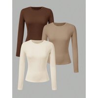3PC Fashionable, casual and comfortable solid color long sleeved round neck T-shirt plus size women's three piece set