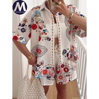 Women's Summer Two-Piece Set Elegant Printed Half Sleeve Shirt Top Casual Loose Beach Vacation Fashion Outfit with Shorts