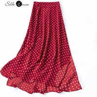 Cherry Red Polka Dot 100% Natural Mulberry Silk Crepe De Chine Zipper Elastic Waist Elegant Women's Fashion Skirt