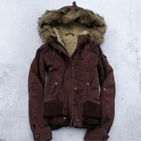 Y2K Fur Lined Bomber Jacket American Vintage Womens Brown Hooded Coat with Faux Fur Trim and Ribbed Cuffs Fashionable and Casual