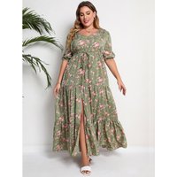 Plus Size Boho Sommer Strandkleid mit Blumenmuster, halblangen Ärmeln, geschlitztem Saum, V-Ausschnitt und langer Länge für Damen