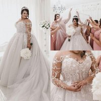 Plus Size A Line Wedding Dresses White For Women Big vestido de novia Long Sleeves Tulle Appliqued Lace Beads Pearls Court Train
