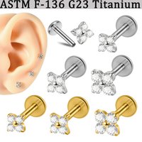 5-1PCS G23 Implant Titanium Four CZ Flower Paved Lip Labret Internal Threaded Ear Nose Cartilage Helix Lobe Piercing Earring