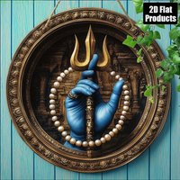 Hindu Lord Shiva Trishul Round Tin Sign, 2D Flat Printing Religious Metal Wall Plaque, Spiritual Decor for Home, Temple, Meditat
