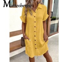 Women's Solid Color Cotton Linen Comfortable Shirt Dress Casual Loose Short Sleeve Single Breasted Midi Dress Boho Vacation Wear