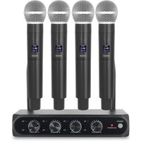 Professional Wireless Microphone UHF 4 Channel Fixed Frequency Handheld Device for Stage Presentations, Home Parties, Churches