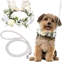 Dog Flower Collar and Leash Set for Dogs 120 cm Pearls Beaded Dog Leash Dog Collars for Wedding Attire Wreath Pet Photo Prop