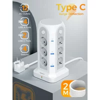 TESSAN Multiple Tower Power Strip Surge Protection Electrical Socket with 12 AC 6 USB 4 Single Switches 5M 2M Extension Cable