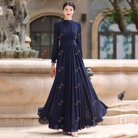 New Women Elegant Chiffon Dress Spring Summer Fashion Stand Color Long Sleeve High Waist Long Dress Solid Color Folds Dress