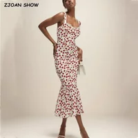 2024 Retro French style Summer Cherry Print Midi Sling Dress Sexy Women Spliced Lace V neck Ruffles Hem Package Hips Long Robe