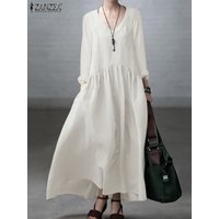Autumn Vintage Long Dress Women Stylish Holiday Robe Vestidos ZANZEA Casual Solid Long Sleeve Sundress Elegant Loose Dresses