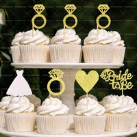 Glitter Bridal Shower Cupcake Toppers Gold Ring Bride to Be Heart Dress Design Cake Picks for Bachelorette Party Decor Supplies
