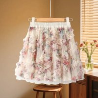 Women's Floral Print Ruffle Mesh Skirt Elastic Waist Layered A-Line Mini Skirt