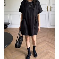 Loose Women's Summer New Style Retro round Neck Drawstring Pocket Dress Chic Short Sleeve Black Dress Polyester Fiber 100%